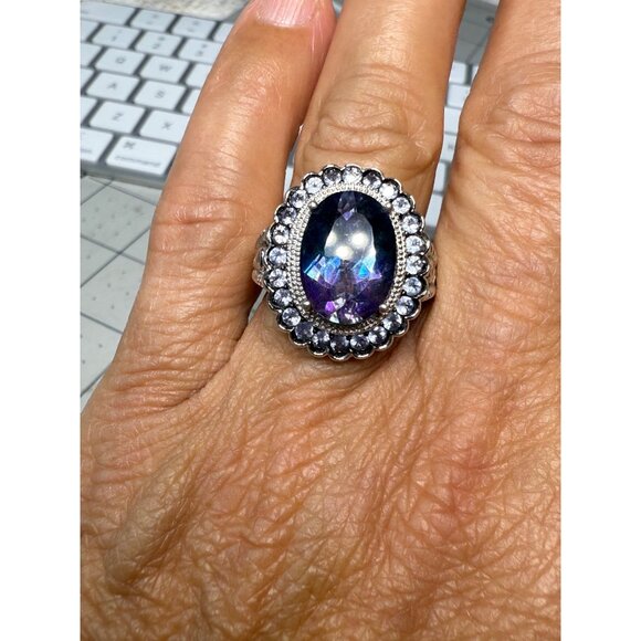Large Oval Cut Purple Crystal Ring With Clear Stone Halo & Sterling Silver Band - Picture 1 of 7